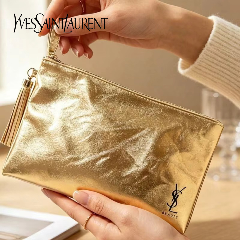 Women Accessories Pouch - YSL Golden Cosmetic Bag, Portable Waterproof